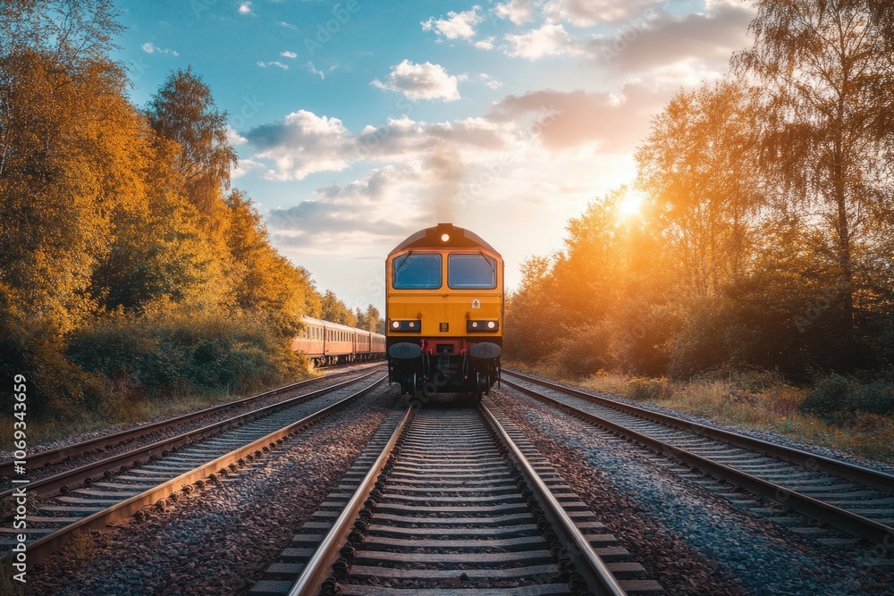 A train travels along the tracks adjacent to a dense forest, with trees and foliage visible in the background A train travels along the tracks adjacent to a dense forest, with trees and foliage visible in the background
