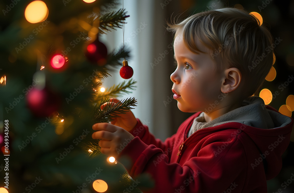 little blond boy decorating a Christmas tree little blond boy decorating a Christmas tree