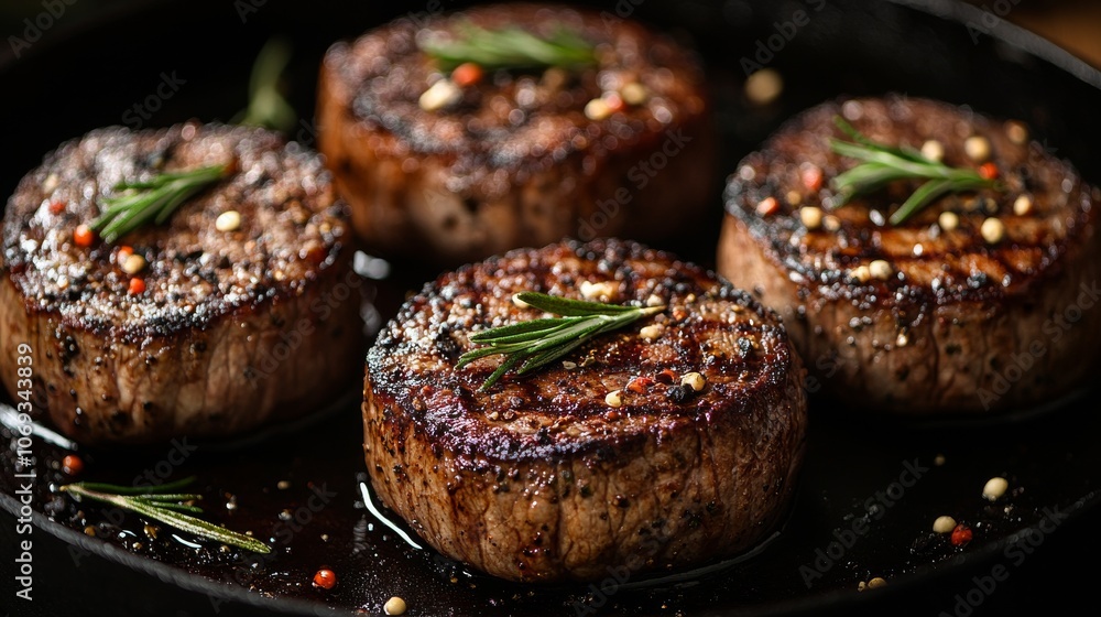 Juicy grilled steaks with rosemary, close-up. Gourmet dining and culinary concept Juicy grilled steaks with rosemary, close-up. Gourmet dining and culinary concept