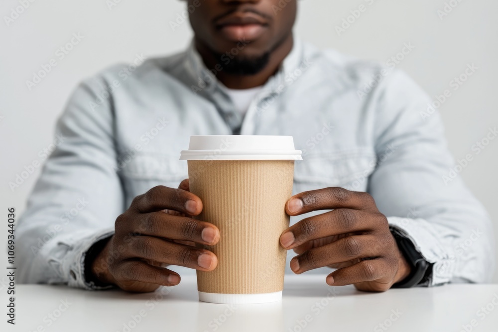 A person sitting at a table holding a cup of coffee, perfect for daily life or office scenes A person sitting at a table holding a cup of coffee, perfect for daily life or office scenes
