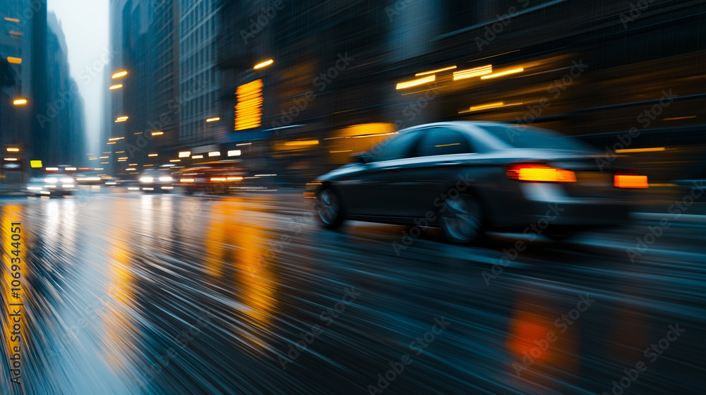 Cityscape with Car in Motion Blur and Rain Nighttime Driving Urban Abstract Background Cityscape with Car in Motion Blur and Rain Nighttime Driving Urban Abstract Background