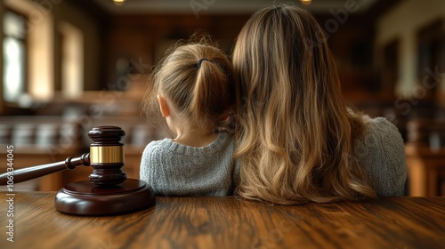 Photo of family law court, wooden gavel on table in foreground with parents and child sitting behind desk