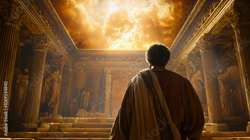 Ezekiel, in awe as he sees the glory of God departing from the temple, brilliant light above. photo