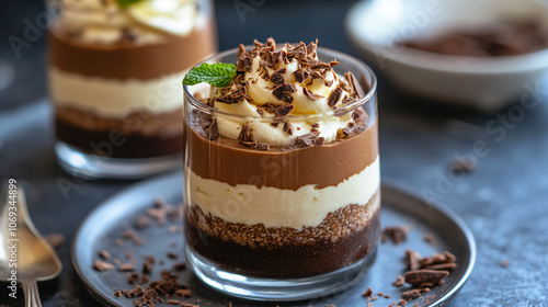 A creative dessert featuring chestnut mousse layered with chocolate and cream.