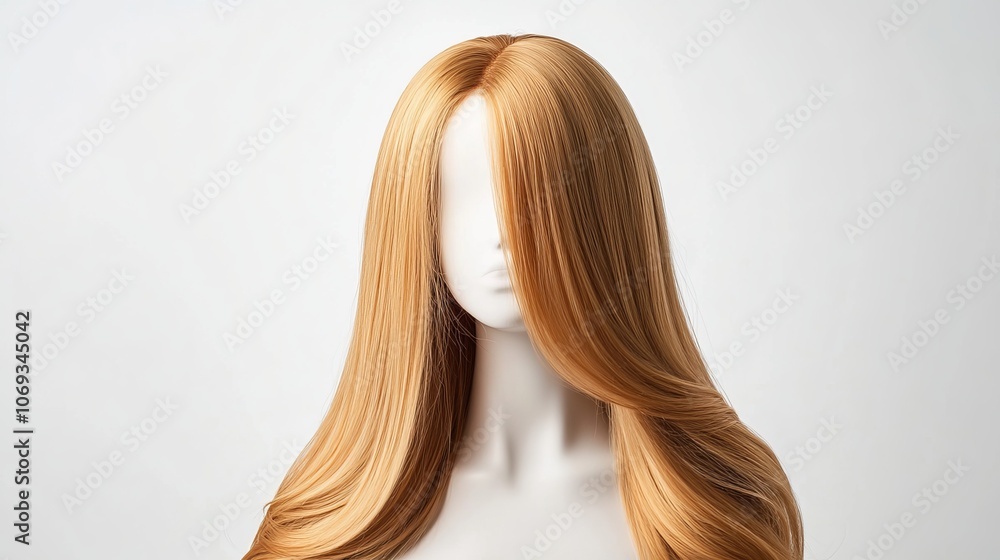 Realistic blonde wig on a white mannequin head Long hair on a plastic wig holder isolated on a white background front view Realistic blonde wig on a white mannequin head Long hair on a plastic wig holder isolated on a white background front view
