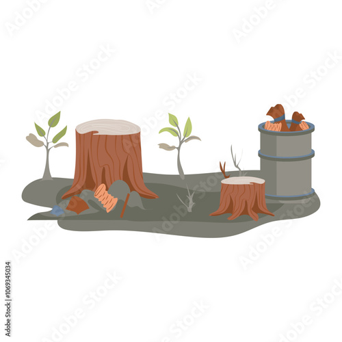 Deforestation and environmental pollution in flat design. Ecosystem destruction. Vector illustration isolated.