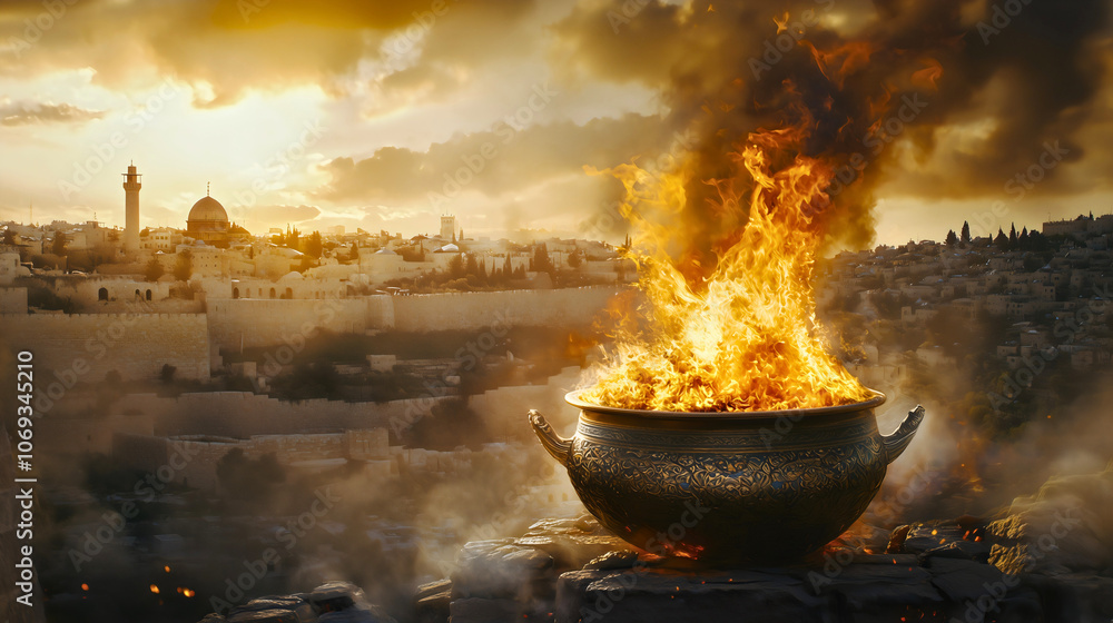 The burning pot tilting over Jerusalem, symbolizing God’s wrath as seen by Jeremiah. The burning pot tilting over Jerusalem, symbolizing God’s wrath as seen by Jeremiah.