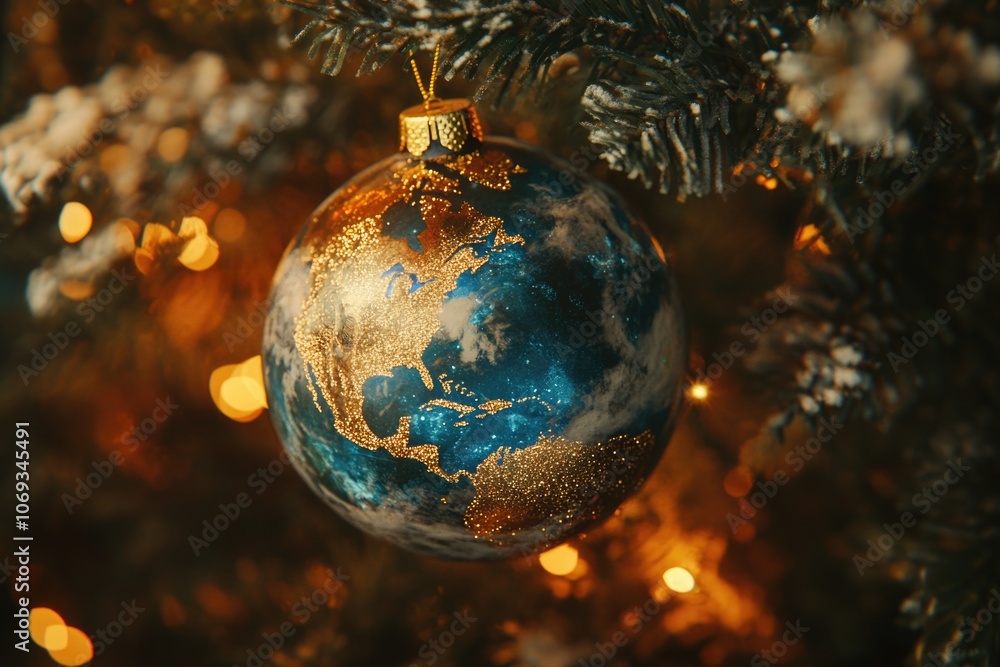 A blue and gold globe ornament hangs from a Christmas tree, ready for the holiday season A blue and gold globe ornament hangs from a Christmas tree, ready for the holiday season
