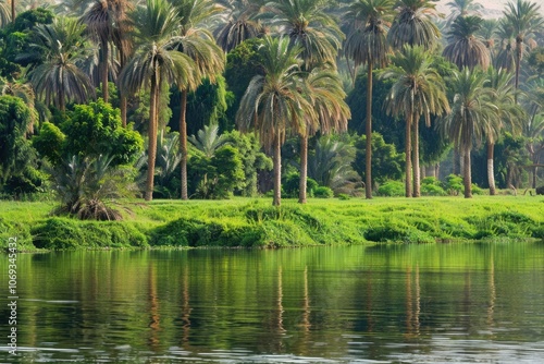 A serene scene with palm trees surrounding a calm body of water, perfect for relaxation or tropical-themed designs