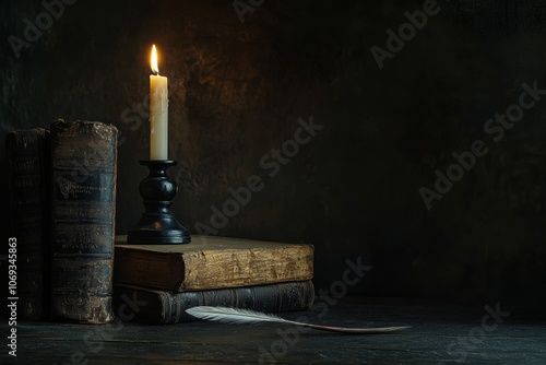 vintage mysterious scene of a holiday desk with an ink pot, quill, old books, and a single candle flickering in the dark photo