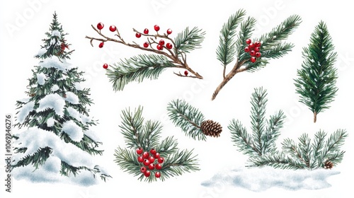 Decorative borders featuring fir branches, red berries, and snow. They also include a Christmas tree and a green spruce branch.