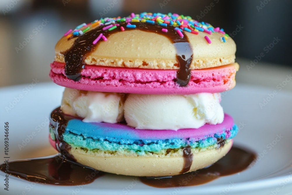 A fun ice cream sandwich made with colorful macarons A fun ice cream sandwich made with colorful macarons