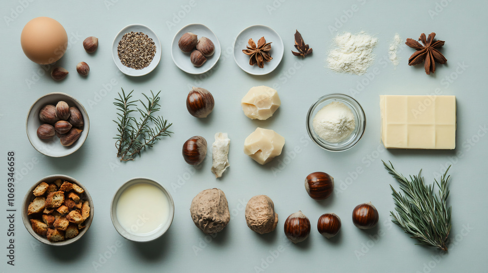 A creative flat lay of ingredients for making chestnut stuffing for a holiday meal. A creative flat lay of ingredients for making chestnut stuffing for a holiday meal.