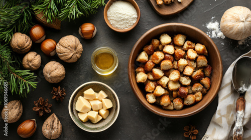 A creative flat lay of ingredients for making chestnut stuffing for a holiday meal.