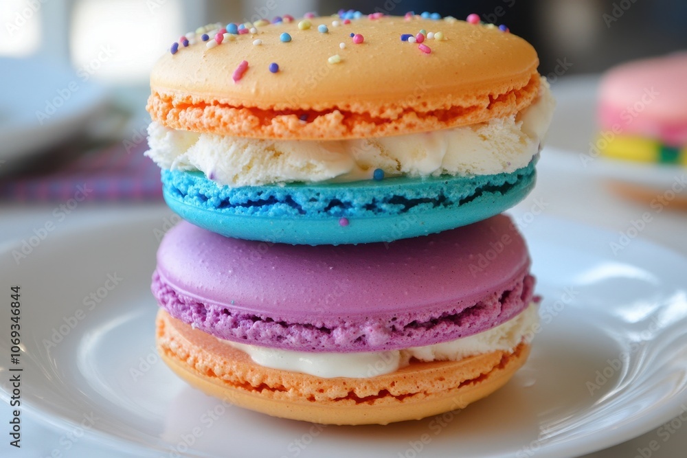 A fun ice cream sandwich made with colorful macarons A fun ice cream sandwich made with colorful macarons