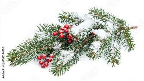 A green fir tree branch with red berries and snow, perfect for a Christmas decoration. It's isolated, so you can easily add it to your holiday designs.