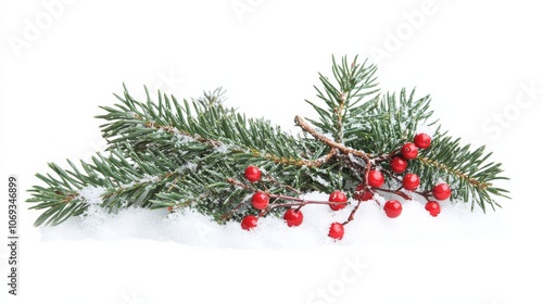 A green fir tree branch with red berries and snow, perfect for a Christmas decoration. It's isolated, so you can easily add it to your holiday designs.