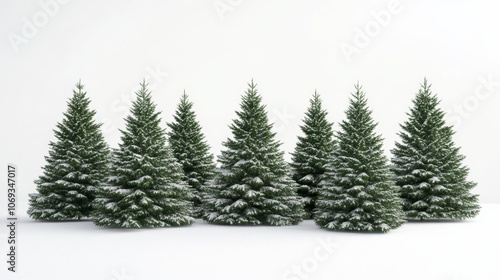 A group of green Christmas trees, like pines or firs, stand out against a plain white background.