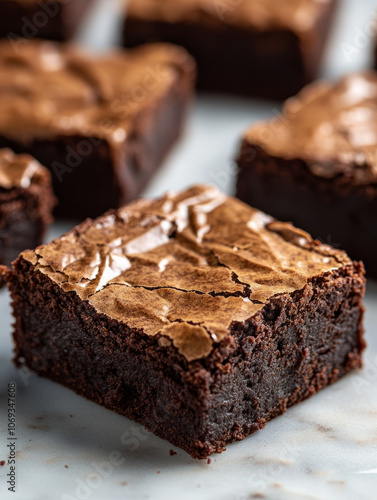 Close-up of a fudgy chocolate brownie on a table.