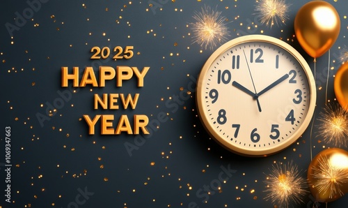 Wallpaper Mural A festive New Year greeting card featuring a clock striking midnight with golden balloons and sparkling fireworks, Ideal for celebrations, invitations, or social media posts welcoming 2025, Torontodigital.ca