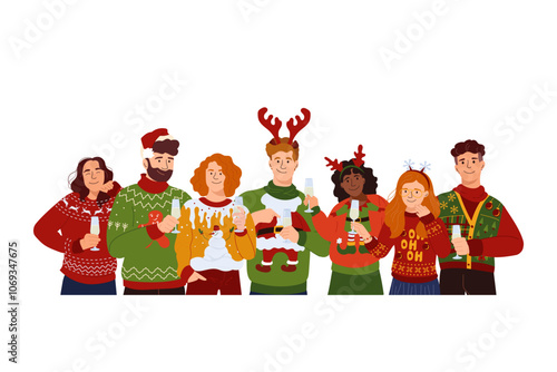 Happy people in different festive ugly sweater Template for design Vector holidays illustration with joyful fun character. Cute friends with garish Christmas sweater for print, flyer, banner