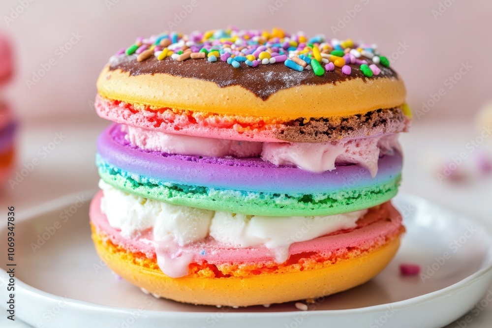 A fun ice cream sandwich made with colorful macarons A fun ice cream sandwich made with colorful macarons