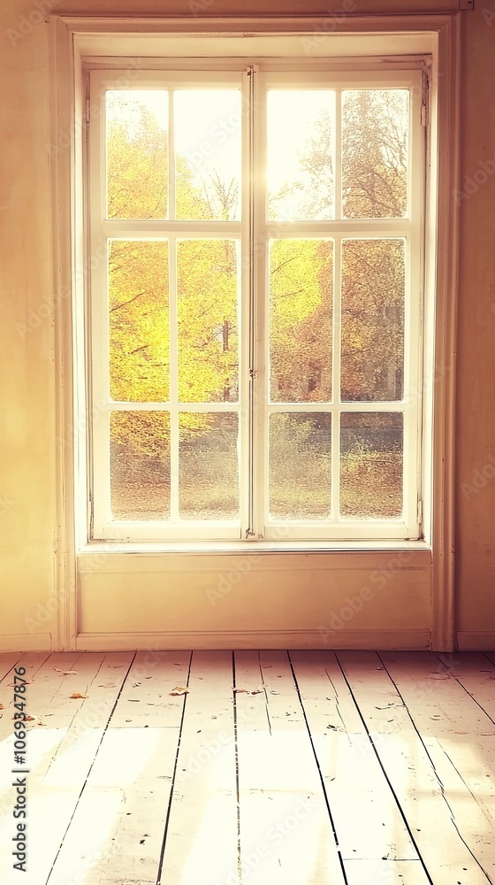 Obraz premium Diffused sunlight through a window, casting a calm glow on an empty wall,