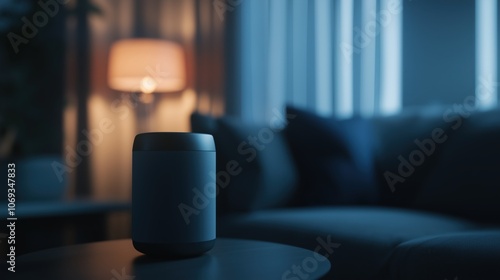 Smart home living room with ambient lighting and voice-controlled appliances