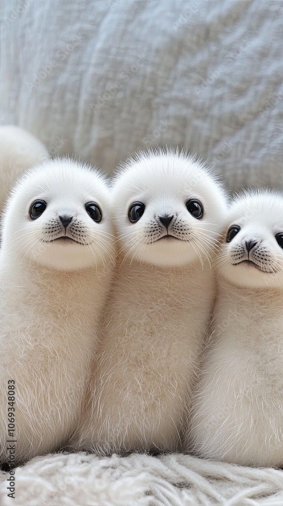 Baby seals with white hair posing together looking at the camera. Baby seals with white hair posing together looking at the camera.