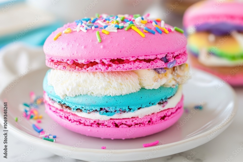 A fun ice cream sandwich made with colorful macarons A fun ice cream sandwich made with colorful macarons