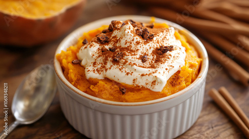 A creative sweet potato dessert featuring a spiced cream topping.