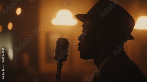 Spoken word poet performing at a moody open mic night with vintage microphone
