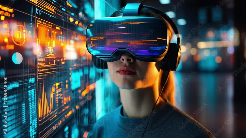 A woman explores virtual reality technology in a futuristic setting filled with data screens A woman explores virtual reality technology in a futuristic setting filled with data screens
