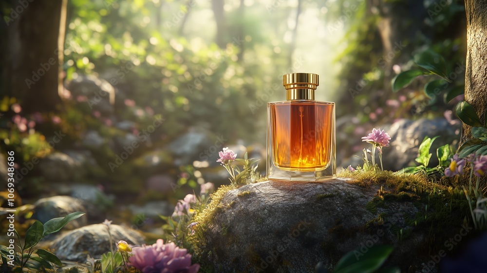 A glass perfume bottle surrounded by wildflowers in a sunlit forest setting during the golden hour, capturing nature's essence A glass perfume bottle surrounded by wildflowers in a sunlit forest setting during the golden hour, capturing nature's essence