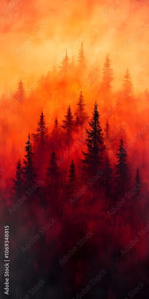Obraz premium A stunning landscape featuring dark silhouettes of evergreen trees against a vibrant orange and red sky, evoking a sense of warmth and mystery in a natural setting.