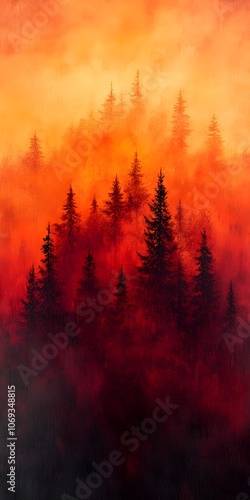 A stunning landscape featuring dark silhouettes of evergreen trees against a vibrant orange and red sky, evoking a sense of warmth and mystery in a natural setting.