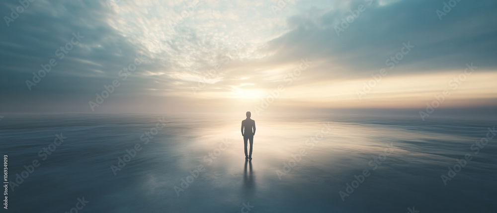 Silhouette of a Man Standing on a Beach at Sunset Silhouette of a Man Standing on a Beach at Sunset