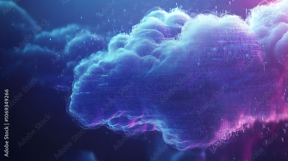 Fototapeta premium Abstract data points merging with a floating cloud, representing the cloud computing concept and the seamless interaction between data storage, processing, and virtualized resources
