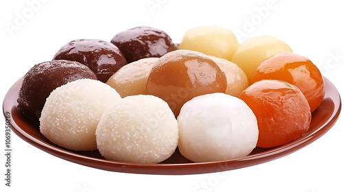 Indian sweets in a plate includes Gulab Jamun, Rasgulla, kaju katli, morichoor / Bundi Laddu, Gujiya or Karanji for diwali celebration photo