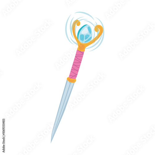 Magician staff with crystal in flat design. Magic weapon, sorcerer knife. Vector illustration isolated.