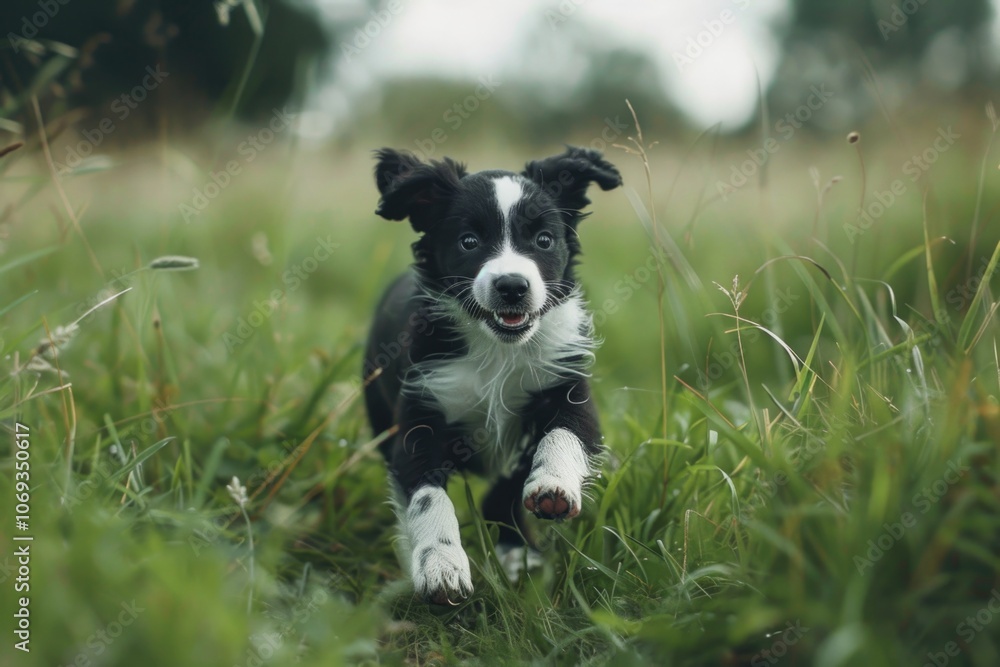 A black and white dog runs through tall grass A black and white dog runs through tall grass