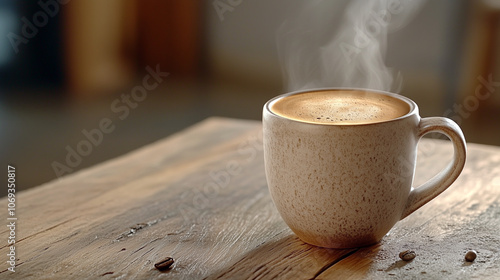 Artisanal Coffee Cup on Rustic Wooden Table photo