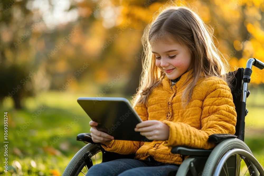A young girl in a wheelchair is focused on her tablet computer, perfect for education or entertainment A young girl in a wheelchair is focused on her tablet computer, perfect for education or entertainment