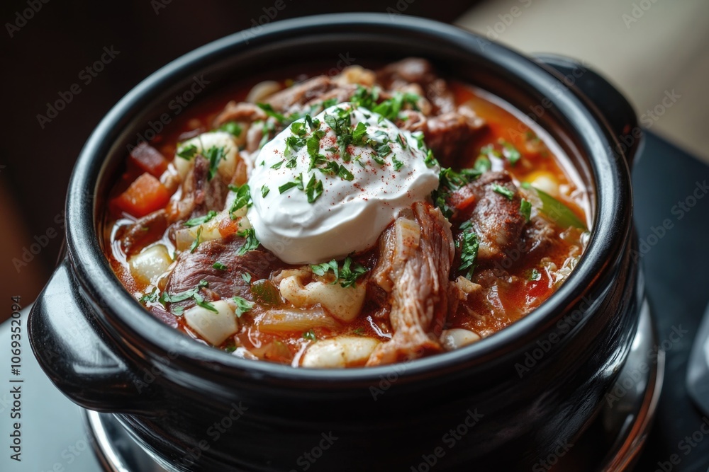 A warm and comforting bowl of stew topped with a dollop of creamy goodness A warm and comforting bowl of stew topped with a dollop of creamy goodness