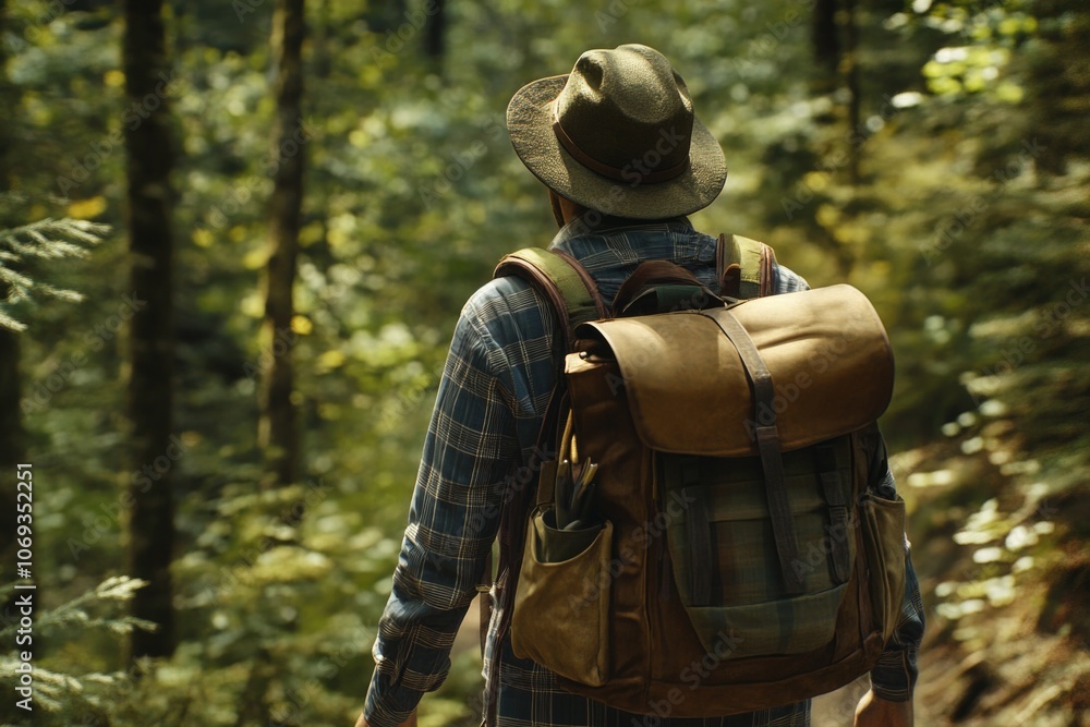 A person hiking in a forest, dressed in casual clothing A person hiking in a forest, dressed in casual clothing