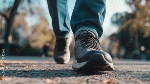 Close-up shot of a person walking on a sidewalk, great for illustration or concept use