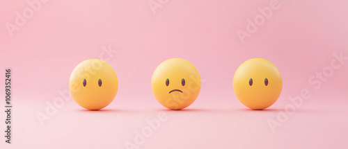 Three Emojis on Pink Background, Happy, Neutral, Sad, 3D Render