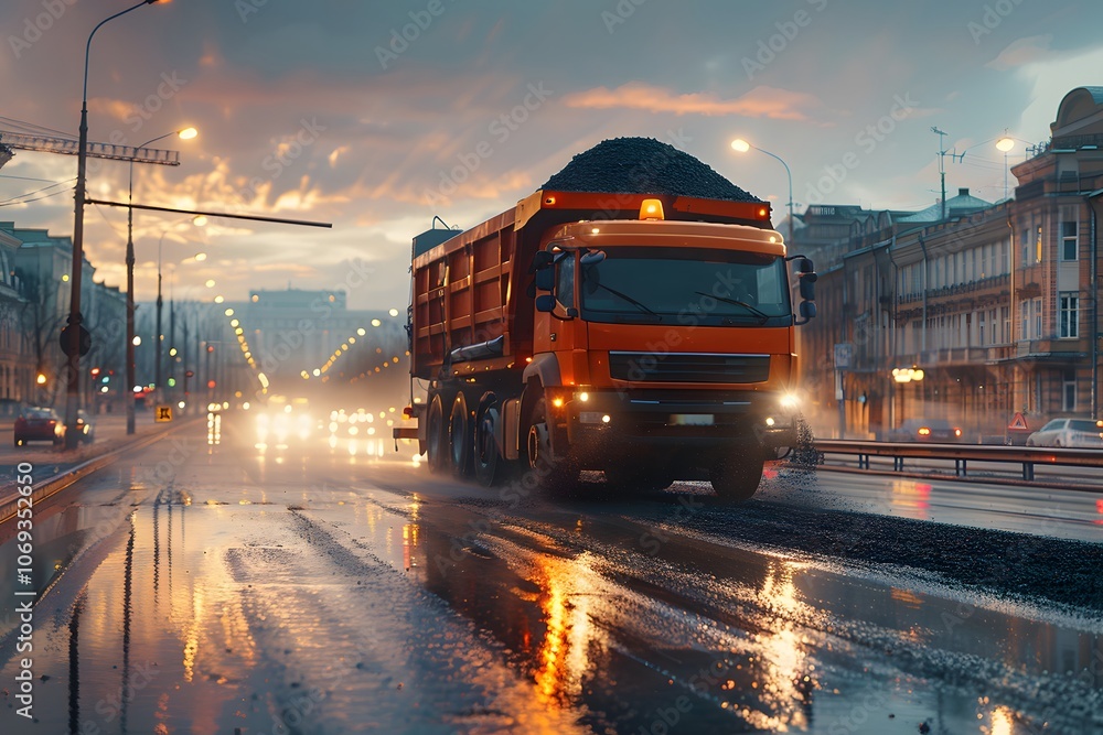 Vibrant Cityscape at Dusk with a Dump Truck on a Rainy Street Vibrant Cityscape at Dusk with a Dump Truck on a Rainy Street