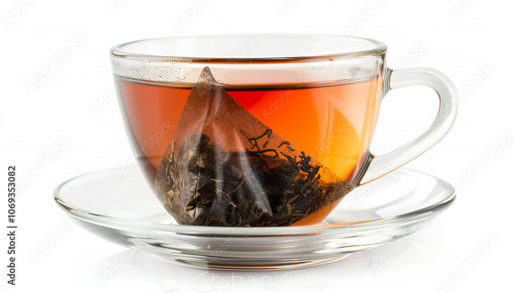 Tea bag in glass cup of hot water isolated on white Tea bag in glass cup of hot water isolated on white