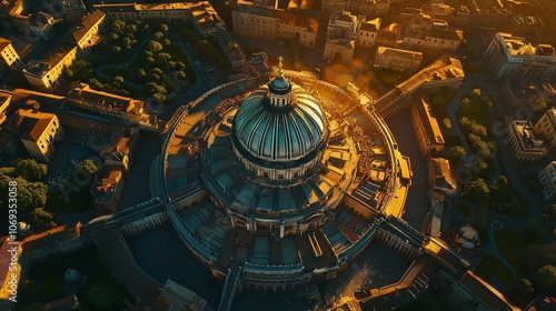 Aerial view of Vatican City at golden hour, St. Peter's Basilica

 photo